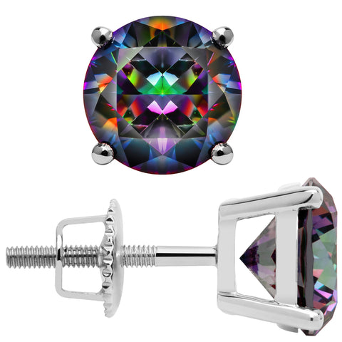 14K Solid White Gold Round Cut Rainbow Mystic Cubic Zirconia Stud Earrings | 4.0 CTW | Screw Back Posts