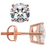 14K Solid Rose Gold Stud Earrings | Round Cut Cubic Zirconia | Screw Back Posts | 2.56 CTW