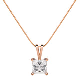 14K Solid Rose Gold Pendant Necklace | Princess Cut Cubic Zirconia Solitaire | 1 Carat | 16 Inch .60mm Box Link Chain