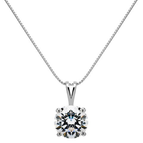 14K Solid White Gold Pendant Necklace | Round Cut Cubic Zirconia Solitaire | 2.0 Carat | 18 Inch .60mm Box Link Chain