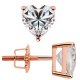 14K Solid Rose Gold Stud Earrings | Heart Cut Cubic Zirconia | Screw Back Posts | 1.5 CTW