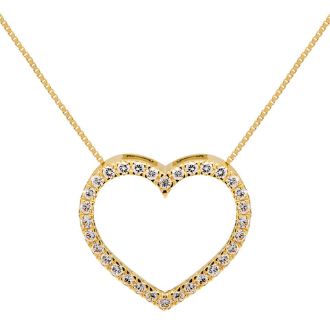 14K Solid Yellow Gold Open Heart Pendant | Pave Round Cut Cubic Zirconia Necklace| .35 CTW | 16 Inch Box Link Chain | With Gift Box