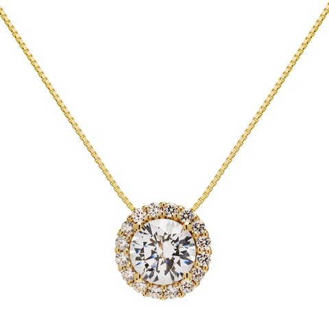 14K Solid Yellow Gold Pendant Necklace | Round "Halo" Cubic Zirconia Solitaire | 1.0 CT center, 1.24 CTW | 18 Inch .60mm Box Link Chain