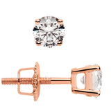 14K Solid Rose Gold Stud Earrings | Round Cut Cubic Zirconia | Screw Back Posts | 1.0 CTW