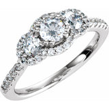 1.04 CTW Round Cut Cubic Zirconia | Sterling Silver Three Stone Halo Ring with Pave Band | Size 8