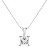14K Solid White Gold Pendant Necklace | Princess Cut Cubic Zirconia Solitaire | 1 Carat | 18 Inch Box Link Chain