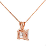 14K Solid Rose Gold Pendant Necklace | Princess Cut Cubic Zirconia Solitaire | 2 Carat | 16 Inch .60mm Box Link Chain
