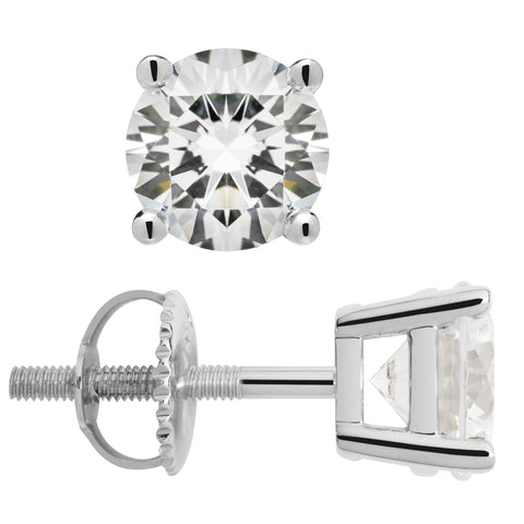 14K Solid White Gold Stud Earrings | Round Cut Cubic Zirconia | Screw Back Posts | 2.0 CTW