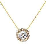 14K Solid Yellow Gold Pendant Necklace | Round "Halo" Cubic Zirconia Solitaire | 1.0 CT center, 1.24 CTW | 16 Inch .60mm Box Link Chain