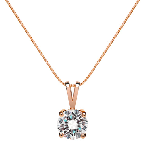 14K Solid Rose Gold Pendant Necklace | Round Cut Cubic Zirconia Solitaire | 1.0 Carat | 18 Inch .60mm Box Link Chain