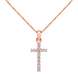 14K Solid Rose Gold Cross | Pave Round Cut Cubic Zirconia Pendant Necklace | 15mm Long .30 CTW | 18 Inch .60mm Box Link Chain | With Gift Box