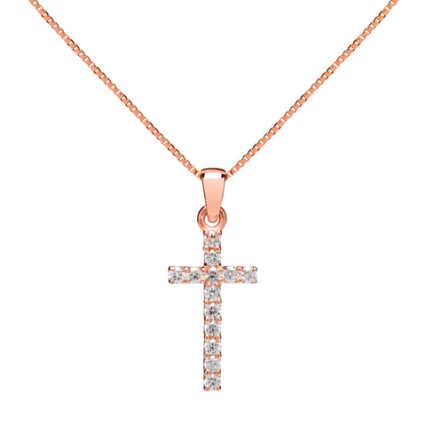 14K Solid Rose Gold Cross | Pave Round Cut Cubic Zirconia Pendant Necklace | 15mm Long .30 CTW | 18 Inch .60mm Box Link Chain | With Gift Box