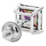 14K Solid White Gold Princess Cut Rainbow Mystic Cubic Zirconia Stud Earrings | 4.0 CTW | Screw Back Posts