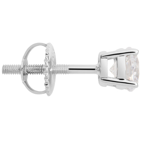 14K Solid White Gold SINGLE Stud Earring | Round Cut Cubic Zirconia | Screw Back Post | .50 Carat