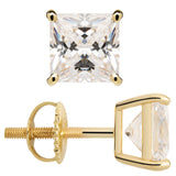 14K Solid Yellow Gold Stud Earrings | Princess Cut Cubic Zirconia | Screw Back Posts | 3.0 CTW