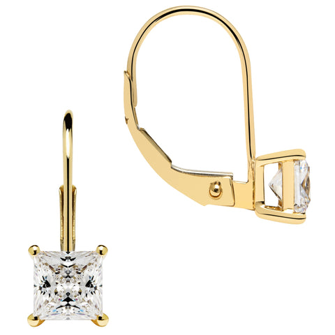 14K Solid Yellow Gold Earrings | Princess Cut Cubic Zirconia | Leverback Drop Dangle Basket Setting | 1.0 CTW